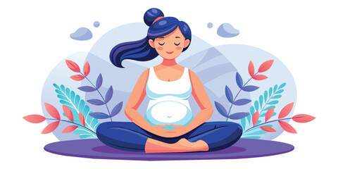 Happy and healthy pregnancy concept. Pregnant woman doing yoga exercises for health and relaxation. Illustration vector isolated on white - 730943591