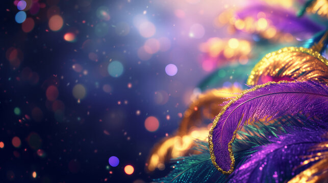 Mardi Gras background with empty copy space. banner with feathers, bokeh on blue backdrop. Carnival. Purim.