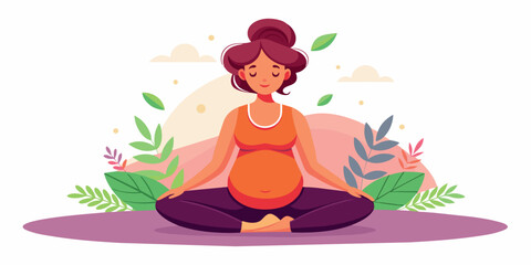 Happy and healthy pregnancy concept. Pregnant woman doing yoga exercises for health and relaxation. Illustration vector isolated on white - 730943704