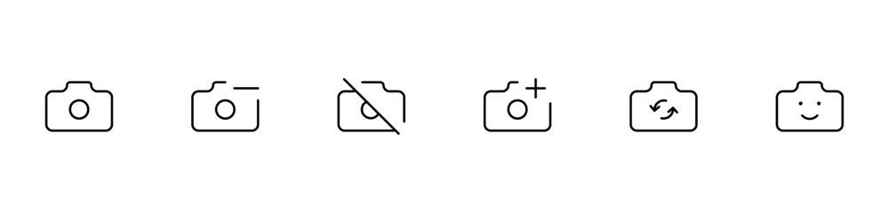 Camera icon set. Front camera, back camera, switch from front to back camera, no camera, smile, Selfie, no picture outline flat icon for apps icon vector on white background