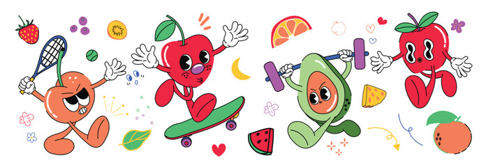 Set of fresh fruit groovy element vector. Funky fruits character design of cherry, avocado, apple, orange, strawberry. Summer juicy illustration for branding, sticker, fabric, clipart, ads.