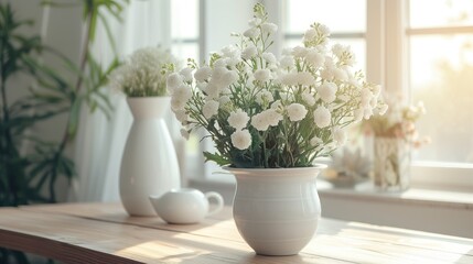 A white vase filled with white flowers graces the counter, offering a modern and stylish touch to home decor