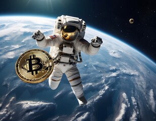 Astronaut admires Bitcoin in space, floating with Earth’s view. A moment of technology meets nature. AI Generated