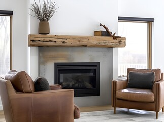 Modern farmhouse simple living room with minimal decor gas fireplace with a raw edge wooden mantel brown leather armchair and sofa. 3d rendering