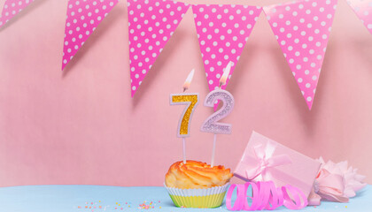 Date of Birth  72. Greeting card in pink shades. Anniversary candle numbers. Happy birthday girl,...