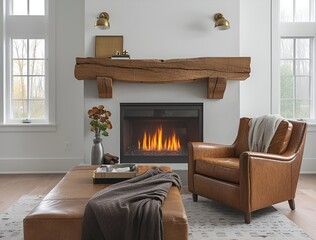 Modern farmhouse simple living room with minimal decor gas fireplace with a raw edge wooden mantel brown leather armchair and sofa. Living room with fireplace