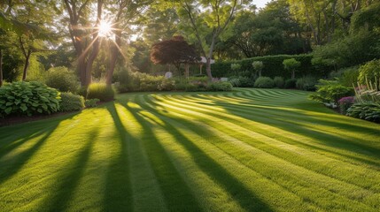 Sunlit Perfection: Capture the essence of a perfectly striped, freshly mowed garden lawn in vibrant summer hues