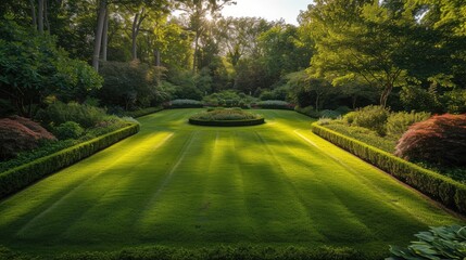 Sunlit Perfection: Capture the essence of a perfectly striped, freshly mowed garden lawn in vibrant summer hues
