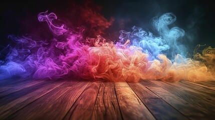 a group of colorful smokes on a wooden floor in front of a black background with a wooden floor in the foreground. 