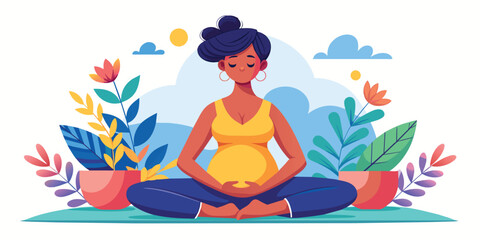 Happy and healthy pregnancy concept. Pregnant woman doing yoga exercises for health and relaxation. Illustration vector isolated on white - 730944321