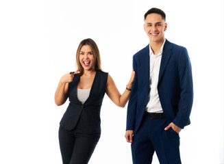 a businesswoman points to her entrepreneurial partner for her success