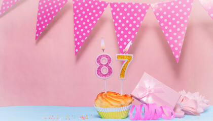 Date of Birth  87. Greeting card in pink shades. Anniversary candle numbers. Happy birthday girl,...
