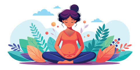 Happy and healthy pregnancy concept. Pregnant woman doing yoga exercises for health and relaxation. Illustration vector isolated on white - 730944386