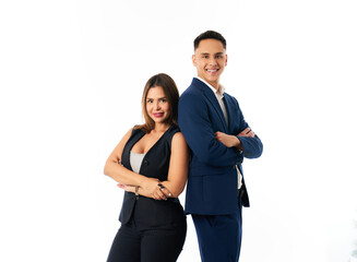 a woman and a man, successful entrepreneurs smiling and with their arms folded