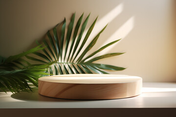 3d render background with circular wooden podium and tropical plants, realistic photo