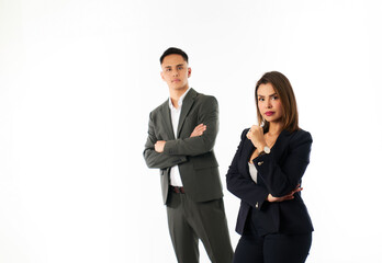 corporate team portrait of a male and female businessman in studio with white background
