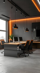 A large gray-orange office space in minimalist style