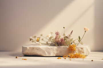 3d render background with stone podium and wildflowers, realistic photo