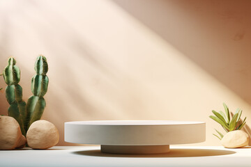 3d render background with circular podium and cactus plant, realistic photo