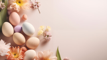 Naklejka na ściany i meble top view realistic colored egg and flowers, easter background, holiday photo 