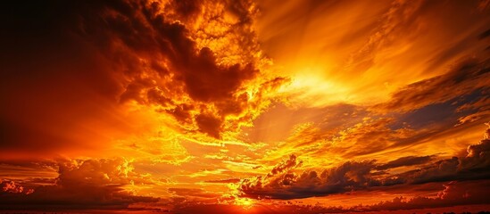 Evening sky with silhouette and clouds, illuminated by orange sunset light.