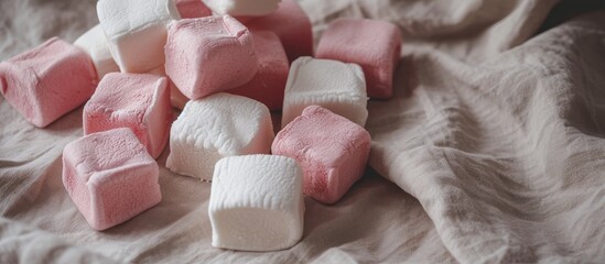 Fototapeta na wymiar Handmade marshmallows in pink and white, photographed on a linen background.