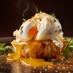 Poached egg toast restaurant food, black background, realistic photo