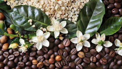 mix of coffee beans and coffee tree blossom for background