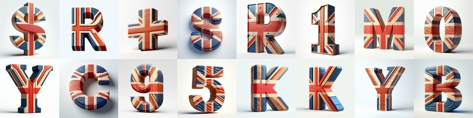 United Kingdom letters shape 3D wooden Lettering Typeface. AI generated illustration