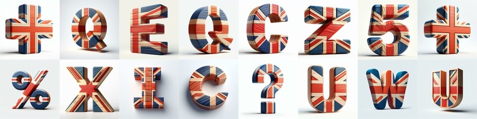 Fototapeta premium United Kingdom letters shape 3D wooden Lettering Typeface. AI generated illustration