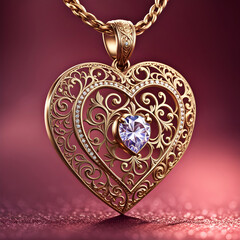 beautiful expensive luxurious intricate gold heart-shaped pendant with purple amethyst gemstone and tiny diamonds and filigree on a golden chain - studio photography necklace jewelry (costume jewelry)
