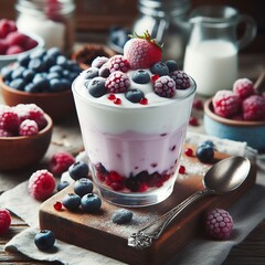 Homemade sweet yogurt with frozen berries in a glass on the table