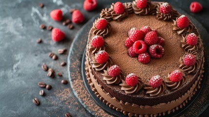 Obraz na płótnie Canvas Decadent Chocolate Cake with Raspberries Flat Lay