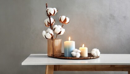 stylish table with cotton flowers and aroma candles near light wall banner for design