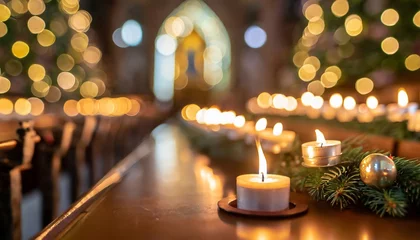 Foto op Plexiglas christmas advent candle light in church with blurry golden bokeh for religious ritual or spiritual zen meditation peaceful mind and soul or funeral ceremony © Ashley
