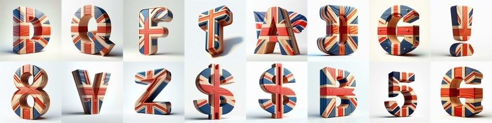 United Kingdom letters shape 3D wooden Lettering Typeface. AI generated illustration