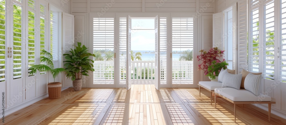 Wall mural in a room with wooden floors and white shutters on the sides, there's a view.