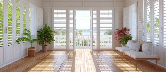 In a room with wooden floors and white shutters on the sides, there's a view.