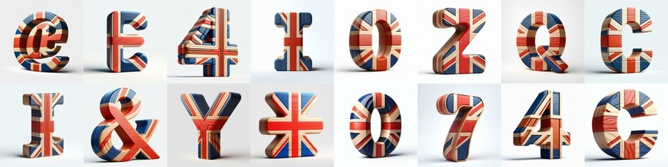 Fototapeta premium United Kingdom letters shape 3D wooden Lettering Typeface. AI generated illustration