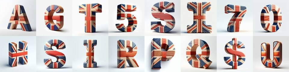 United Kingdom letters shape 3D wooden Lettering Typeface. AI generated illustration