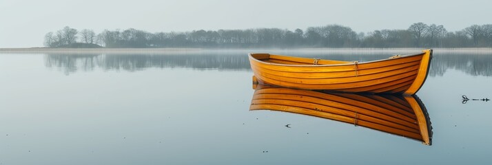 Tranquil wooden boat on lake with dawn reflections, peaceful and serene nature landscape