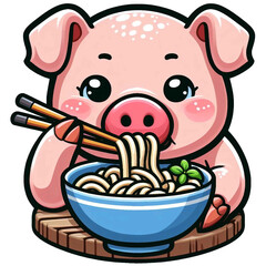 Pig  eating lamen noodles