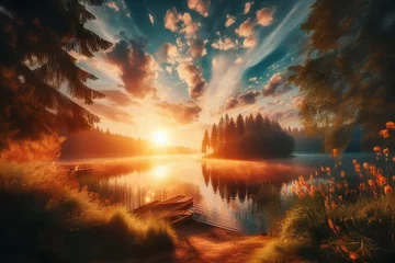 Foto op Canvas Fantastic sunset on the lake. Colorful summer landscape. © milanchikov