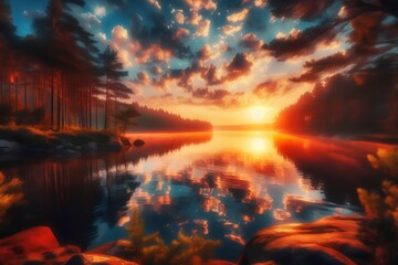 Beautiful sunset over the lake. Colorful summer landscape. Digital painting