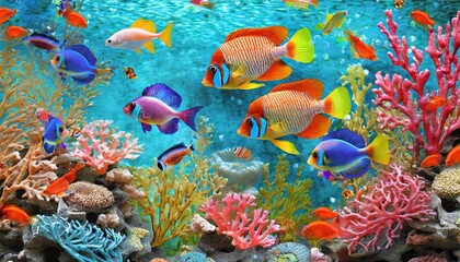 Fototapeta na wymiar 3d wallpaper coral reef tropical colorful fish in the water aquarium