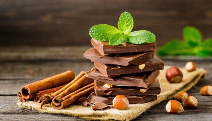 stack of chocolate slices with mint leaf hazelnut and cinnamon