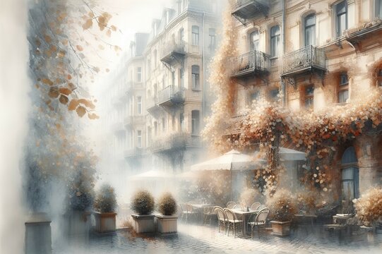 Digital painting of a street cafe in Paris, France during autumn.