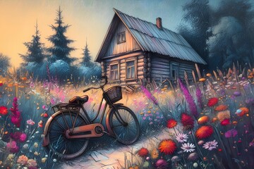 Bicycle in the meadow with a wooden house on the background. Digital painting.