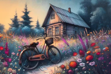 Poster Bicycle in the meadow with a wooden house on the background. Digital painting. © milanchikov