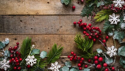 Fototapeta na wymiar christmas holiday evergreen pine branches and red berries over wood background copy space